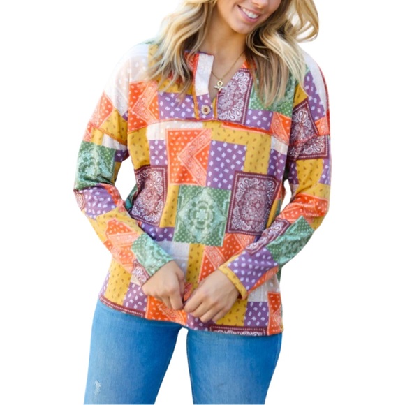 Tops - BOUTIQUE RUST OLIVE & MUSTARD PATCHWORK TOP